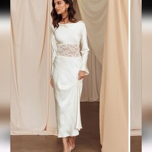 NWT Selfie Leslie Loveland Lace Insert Cowl Back Satin Maxi Dress Gown Bridal S